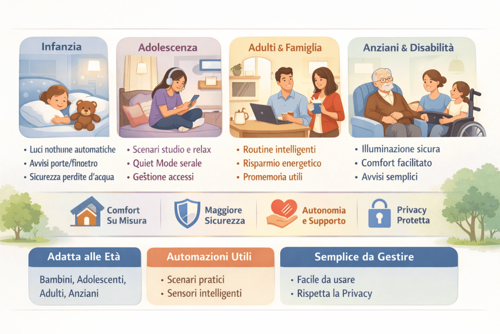 Infografica premium in stile chiaro che mostra come la tecnologia domestica si adatta alle diverse età della vita: bambini, adulti, famiglie e anziani. Illustrazioni di una casa intelligente con automazioni per sicurezza, comfort, autonomia, gestione quotidiana e benessere abitativo in ogni fase della vita.