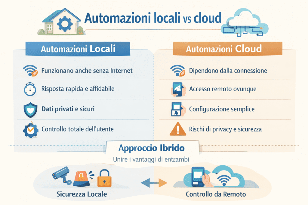 “Infografica in stile premium con colori chiari che confronta automazioni locali e automazioni cloud: a sinistra i vantaggi delle automazioni locali (funzionano senza Internet, risposta rapida, dati privati e controllo totale dell’utente), a destra i punti chiave delle automazioni cloud (dipendenza dalla connessione, accesso remoto, configurazione semplice ma con rischi di privacy); nella parte inferiore è evidenziato un approccio ibrido che unisce sicurezza locale e controllo da remoto.”