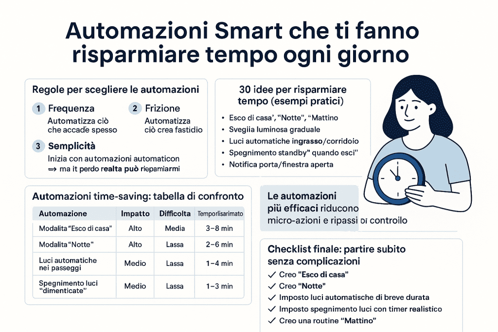 Infografica 1536×1024 in stile premium dai colori chiari intitolata “Automazioni Smart per Risparmiare Tempo”. L’immagine mostra esempi di routine quotidiane che semplificano la vita in casa: modalità Esco di casa, modalità Notte, luci automatiche nei passaggi, promemoria intelligenti e spegnimento automatico delle luci dimenticate. Design moderno con icone professionali e layout pulito, pensato per migliorare l’organizzazione e ridurre le azioni ripetitive