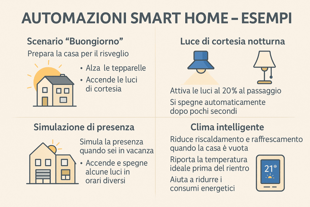 Infografica 1536×1024 in stile premium, colori chiari, intitolata “Automazioni Smart Home – Esempi”. Mostra quattro scenari: “Buongiorno” che alza le tapparelle e accende le luci di cortesia; “Luce di cortesia notturna” che attiva le luci al 20% al passaggio e le spegne dopo pochi secondi; “Simulazione di presenza” che accende e spegne alcune luci in orari diversi quando sei in vacanza; “Clima intelligente” che riduce riscaldamento e raffrescamento quando la casa è vuota e riporta la temperatura ideale prima del rientro, aiutando a ridurre i consumi energetici.