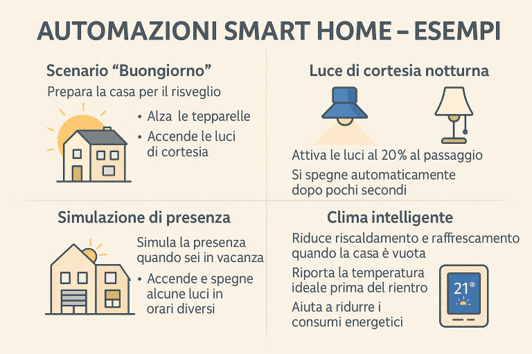 Infografica 1536×1024 in stile premium, colori chiari, intitolata “Automazioni Smart Home – Esempi”. Mostra quattro scenari: “Buongiorno” che alza le tapparelle e accende le luci di cortesia; “Luce di cortesia notturna” che attiva le luci al 20% al passaggio e le spegne dopo pochi secondi; “Simulazione di presenza” che accende e spegne alcune luci in orari diversi quando sei in vacanza; “Clima intelligente” che riduce riscaldamento e raffrescamento quando la casa è vuota e riporta la temperatura ideale prima del rientro, aiutando a ridurre i consumi energetici.