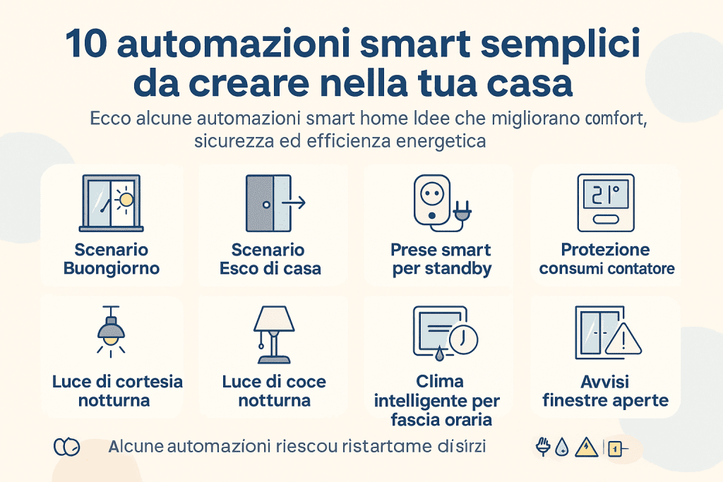 Infografica premium 1536×1024 dal design chiaro e moderno che presenta 10 automazioni smart semplici per la casa. Include icone minimal e testi italiani: Scenario Buongiorno, Scenario Esco di casa, Prese smart per standby, Protezione consumi contatore, Luce di cortesia notturna, Luce notturna con sensore, Clima intelligente per fascia oraria e Avvisi finestre aperte. Layout in stile flat, colori tenui e professionali.