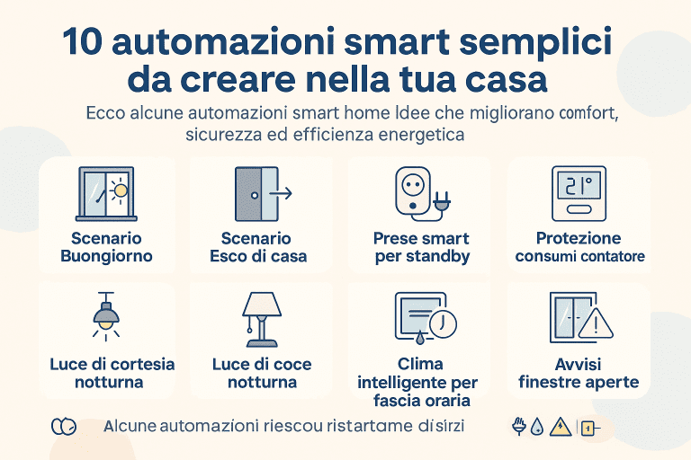 Infografica premium 1536×1024 dal design chiaro e moderno che presenta 10 automazioni smart semplici per la casa. Include icone minimal e testi italiani: Scenario Buongiorno, Scenario Esco di casa, Prese smart per standby, Protezione consumi contatore, Luce di cortesia notturna, Luce notturna con sensore, Clima intelligente per fascia oraria e Avvisi finestre aperte. Layout in stile flat, colori tenui e professionali.