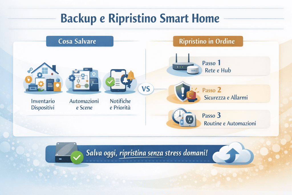 Infografica in italiano intitolata “Backup e Ripristino Smart Home” con layout chiaro e professionale. A sinistra la sezione “Cosa salvare” mostra icone per inventario dispositivi, automazioni e scene, notifiche e priorità. A destra la sezione “Ripristino in ordine” illustra i passaggi: rete e hub, sicurezza e allarmi, routine e automazioni. In basso il messaggio chiave: “Salva oggi, ripristina senza stress domani”, con icone di backup locale e cloud.