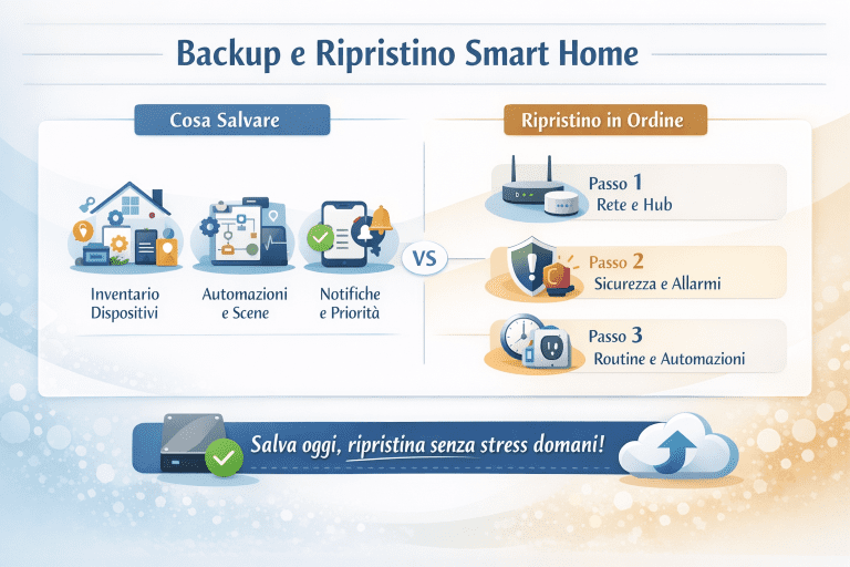 Infografica in italiano intitolata “Backup e Ripristino Smart Home” con layout chiaro e professionale. A sinistra la sezione “Cosa salvare” mostra icone per inventario dispositivi, automazioni e scene, notifiche e priorità. A destra la sezione “Ripristino in ordine” illustra i passaggi: rete e hub, sicurezza e allarmi, routine e automazioni. In basso il messaggio chiave: “Salva oggi, ripristina senza stress domani”, con icone di backup locale e cloud.