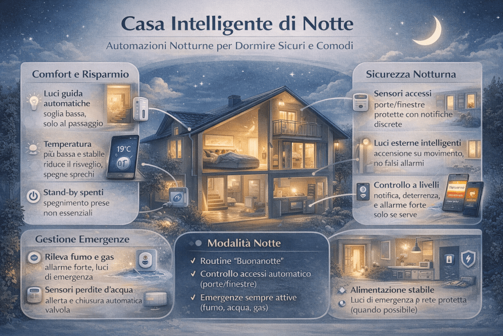 Infografica in stile premium con colori chiari su sfondo notturno: al centro una casa illuminata in sezione, attorno riquadri con icone e testi in italiano che spiegano automazioni notturne per comfort e risparmio (luci guida, temperatura stabile, stand-by spenti), sicurezza notturna (sensori porte/finestre, luci esterne su movimento, controllo a livelli), gestione emergenze (fumo/gas, perdite d’acqua) e “Modalità Notte” con routine buonanotte e controlli automatici.
