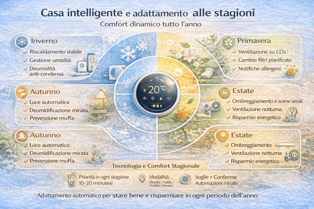 Infografica in stile premium e colori chiari intitolata “Casa intelligente e adattamento alle stagioni – Comfort dinamico tutto l’anno”, con un quadrante delle 4 stagioni e consigli smart per Inverno (riscaldamento stabile, gestione umidità, anti-condensa), Primavera (ventilazione su CO₂, cambio filtri pianificato, notifiche allergeni), Estate (ombreggiamento e scene serali, ventilazione notturna, risparmio energetico) e Autunno (luce automatica, deumidificazione mirata, prevenzione muffa), più un termostato centrale e note su soglie/automazioni mirate.