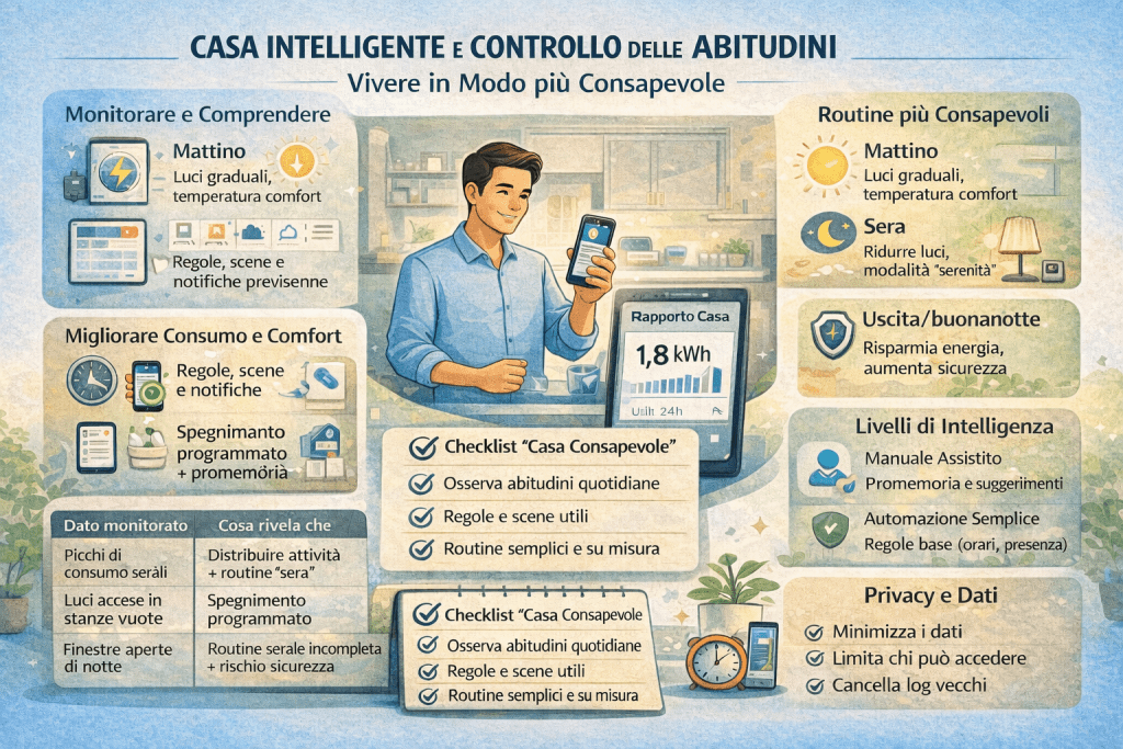 Infografica sulla casa intelligente e controllo delle abitudini che mostra come monitorare comportamenti quotidiani, consumi energetici e routine domestiche tramite automazioni, report di utilizzo, checklist di consapevolezza e impostazioni per comfort, sicurezza e privacy, con esempi di routine mattino e sera.