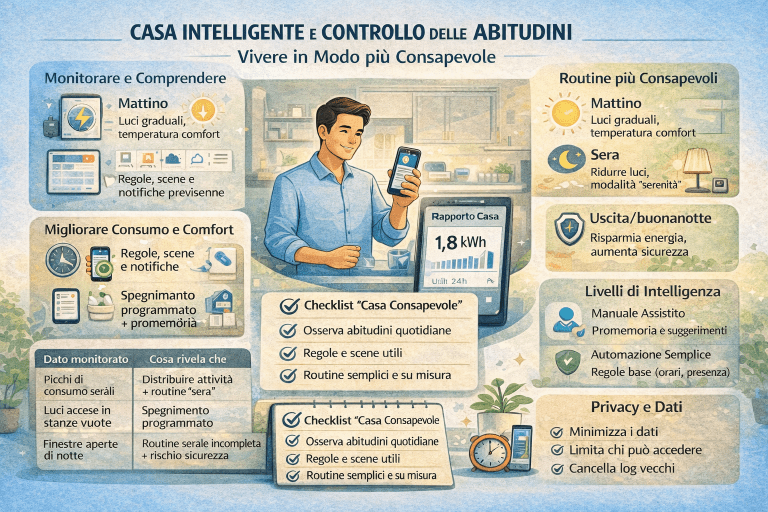 Infografica sulla casa intelligente e controllo delle abitudini che mostra come monitorare comportamenti quotidiani, consumi energetici e routine domestiche tramite automazioni, report di utilizzo, checklist di consapevolezza e impostazioni per comfort, sicurezza e privacy, con esempi di routine mattino e sera.