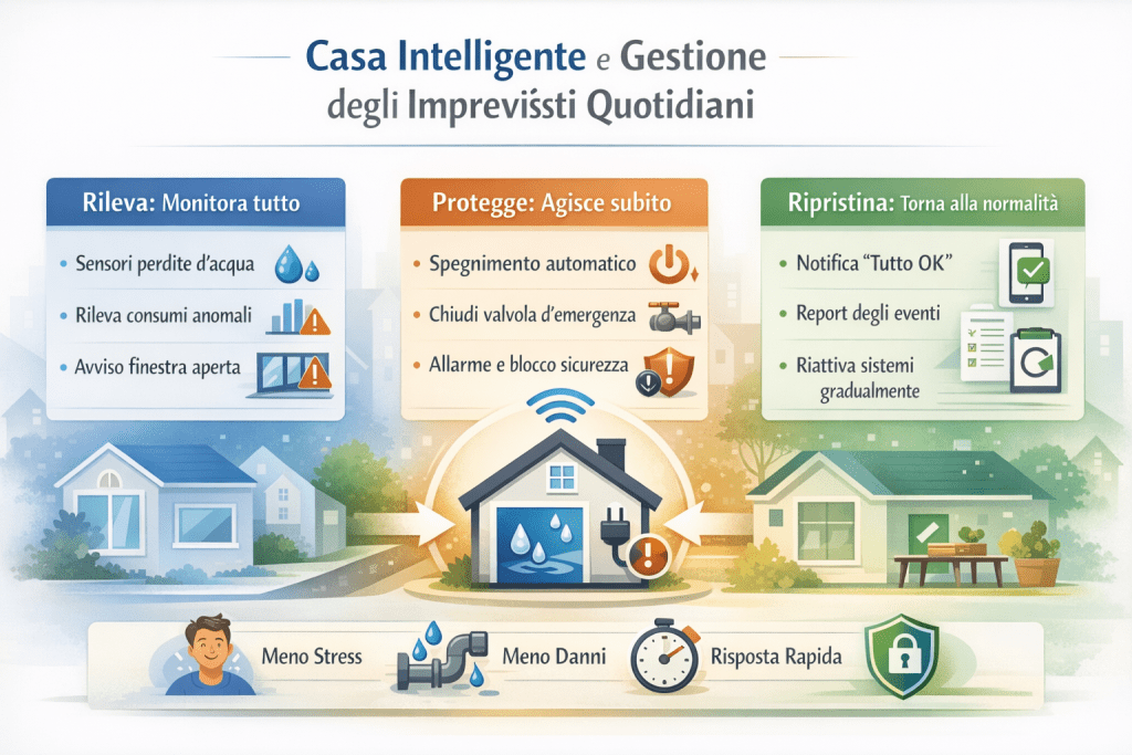 Infografica sulla casa intelligente per la gestione degli imprevisti quotidiani: sistema domotico che rileva anomalie come perdite d’acqua e consumi anomali, interviene automaticamente con spegnimenti e chiusure di sicurezza e ripristina la normalità con notifiche e report, migliorando sicurezza, rapidità di risposta e riduzione dei danni.