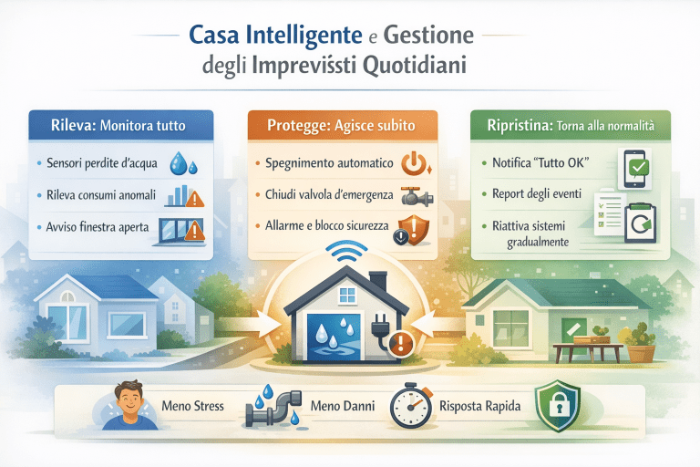 Infografica sulla casa intelligente per la gestione degli imprevisti quotidiani: sistema domotico che rileva anomalie come perdite d’acqua e consumi anomali, interviene automaticamente con spegnimenti e chiusure di sicurezza e ripristina la normalità con notifiche e report, migliorando sicurezza, rapidità di risposta e riduzione dei danni.