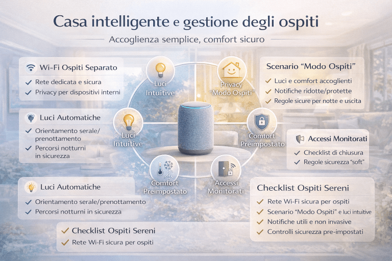 Infografica in stile premium sulla casa intelligente e gestione degli ospiti, con ambienti domestici luminosi, icone di automazioni, modalità ospiti, Wi-Fi separato, luci automatiche, accessi monitorati e comfort preimpostato per accoglienza sicura e organizzata.
