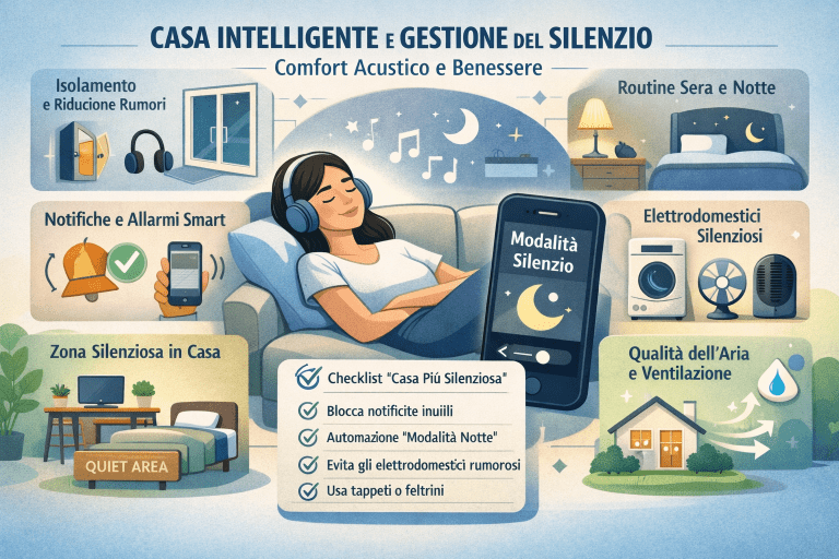 Infografica premium sulla casa intelligente e gestione del silenzio, con ambienti domestici sereni, isolamento acustico, automazioni silenziose, controllo dei rumori notturni e soluzioni tecnologiche per il comfort acustico e il benessere abitativo.