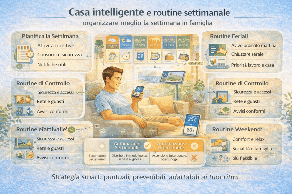 Infografica in italiano sulla casa intelligente e la gestione della routine settimanale, con calendario settimanale, icone di automazioni domestiche, attività organizzate per giorni, controllo dei tempi, comfort abitativo e pianificazione intelligente delle attività familiari.