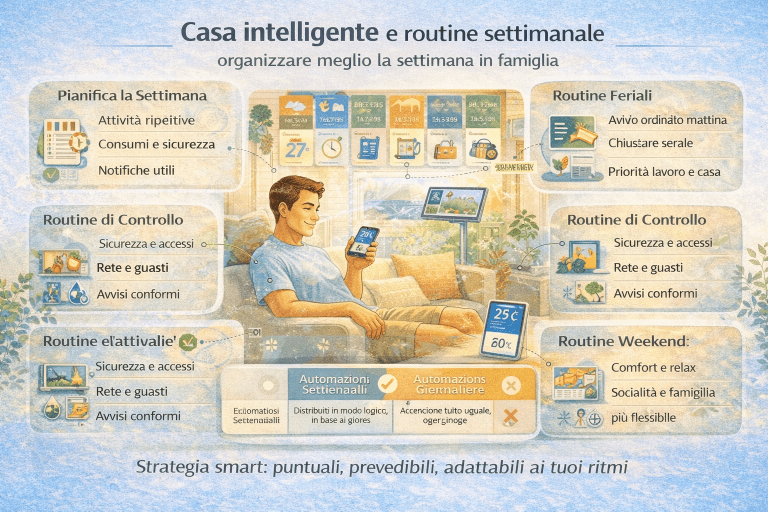 Infografica in italiano sulla casa intelligente e la gestione della routine settimanale, con calendario settimanale, icone di automazioni domestiche, attività organizzate per giorni, controllo dei tempi, comfort abitativo e pianificazione intelligente delle attività familiari.