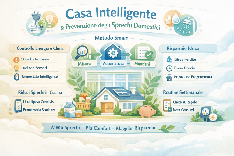 Infografica in stile premium sulla casa intelligente e prevenzione degli sprechi domestici, con illustrazione di un’abitazione smart al centro e sezioni dedicate a risparmio energetico, controllo dei consumi, riduzione degli sprechi in cucina, gestione dell’acqua e routine settimanali, per migliorare comfort, efficienza e risparmio in casa.