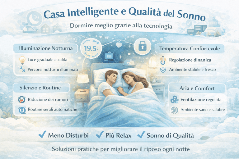 Infografica sulla casa intelligente e qualità del sonno che mostra una camera da letto moderna e silenziosa, con illuminazione soffusa serale, temperatura controllata automaticamente, gestione del rumore, qualità dell’aria ottimizzata e routine notturne automatizzate per migliorare il riposo e il benessere durante la notte.