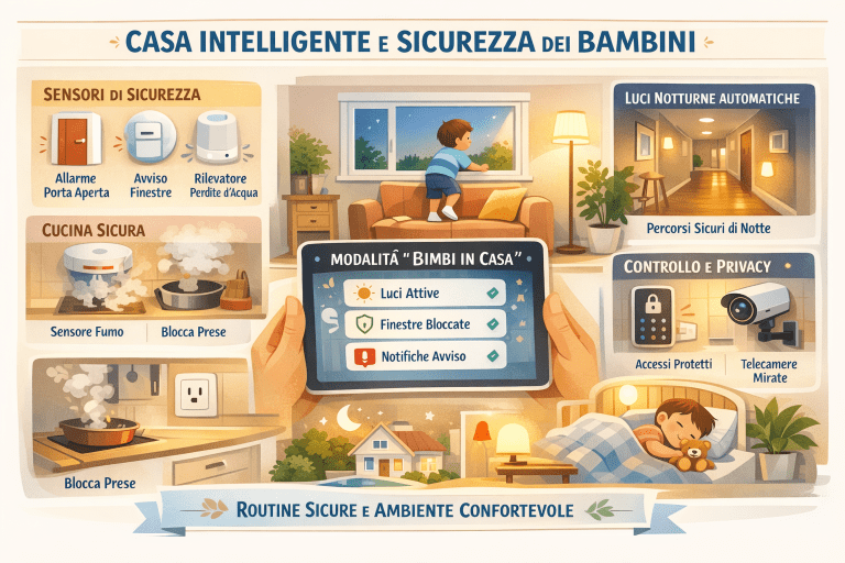 Infografica in stile premium sui colori chiari che illustra come una casa intelligente migliora la sicurezza dei bambini, mostrando controllo accessi, prevenzione dei rischi domestici, monitoraggio degli ambienti e gestione sicura degli spazi familiari tramite tecnologia domestica.