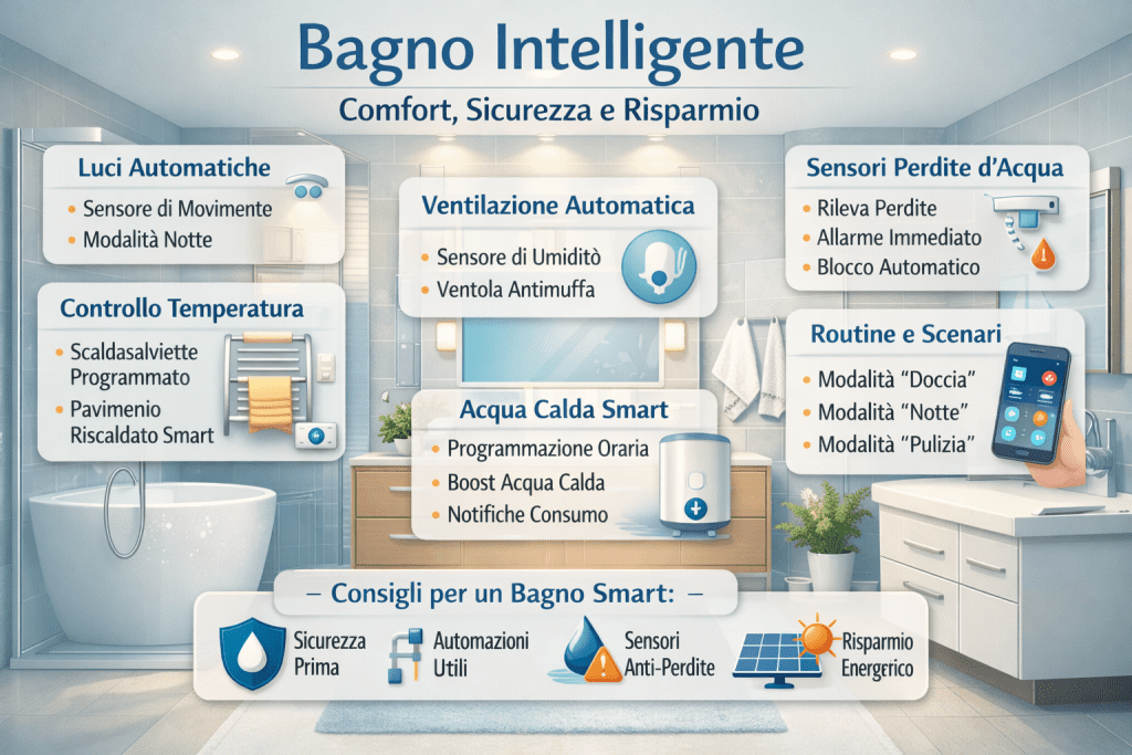 “Infografica sulla casa intelligente in bagno: illuminazione automatica, gestione dell’umidità, controllo dei consumi, comfort e sicurezza con soluzioni domotiche integrate.”