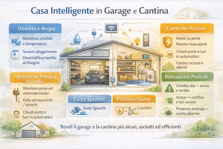Infografica in stile premium dai colori chiari che mostra come una casa intelligente in garage e cantina migliori sicurezza, controllo e comfort. L’immagine rappresenta garage e cantina con illuminazione automatica, sensori di movimento, monitoraggio dei consumi, controllo dell’umidità, gestione dei carichi elettrici e notifiche di sicurezza, evidenziando i benefici pratici della domotica negli spazi di servizio della casa.