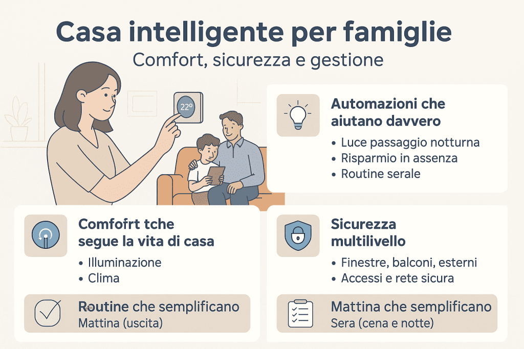 Infografica 1536×1024 in stile premium dai colori chiari intitolata “Casa intelligente per famiglie”. L’immagine mostra una casa con più ambienti abitati da una famiglia e illustra i benefici principali della smart home: sicurezza per bambini, automazioni quotidiane, gestione delle luci e del comfort, controllo degli accessi e routine di rientro e notte. Layout pulito con icone semplici che rappresentano comfort, sicurezza e organizzazione della vita familiare.