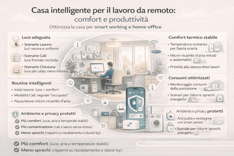 Infografica sulla casa intelligente per il lavoro da remoto che mostra un home office smart con illuminazione automatizzata, gestione del comfort ambientale, controllo dei consumi e soluzioni tecnologiche per migliorare produttività e benessere durante lo smart working.