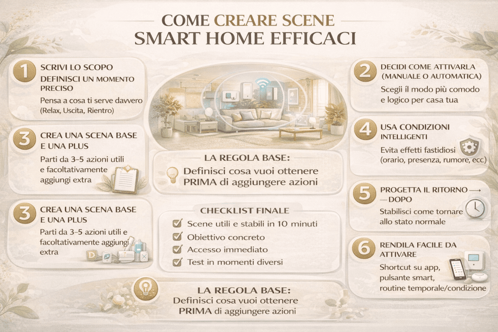 Infografica premium su come creare scene smart home efficaci: guida visiva in 6 passaggi con definizione dello scopo, scelta dell’attivazione, scene base e plus, condizioni intelligenti, gestione del ritorno e accesso rapido, con checklist finale per scene stabili e utili nella vita quotidiana.