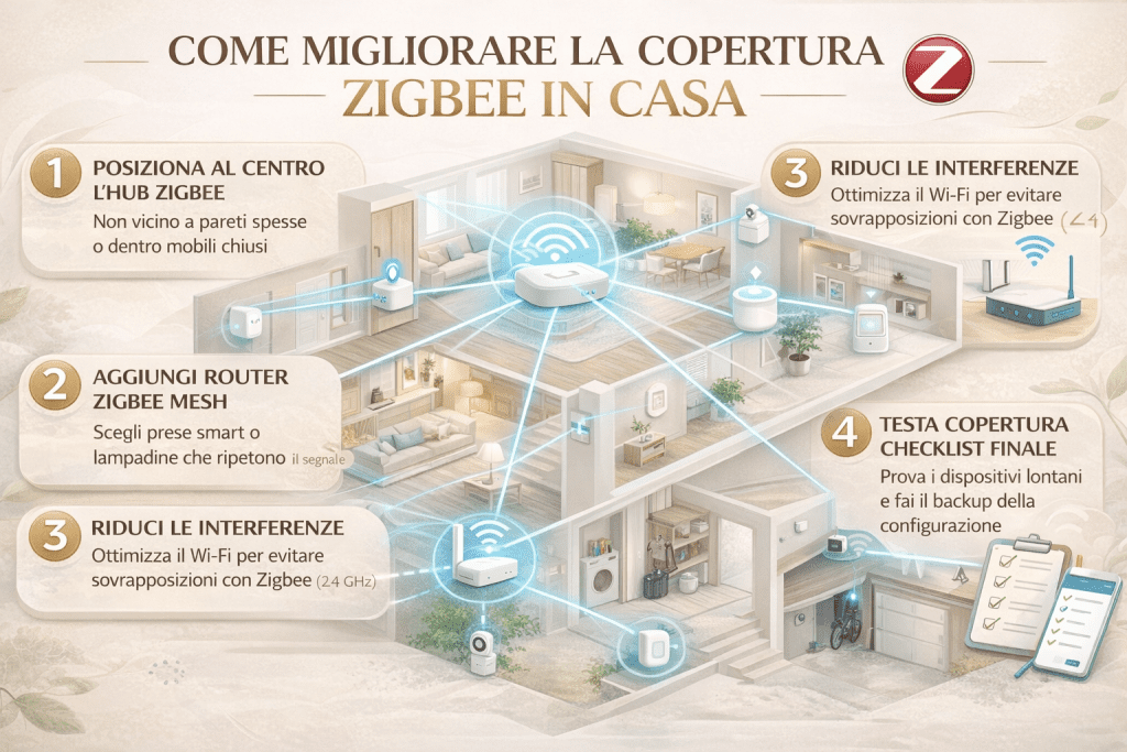 Infografica premium su come migliorare la copertura Zigbee in casa: hub Zigbee posizionato al centro, router Zigbee mesh distribuiti nelle stanze, riduzione delle interferenze Wi-Fi 2,4 GHz e checklist finale per testare stabilità e copertura della rete domotica.