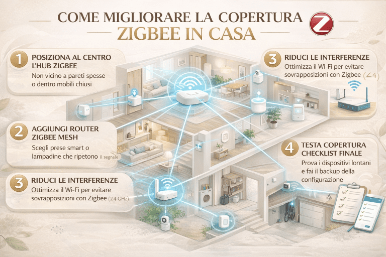 Infografica premium su come migliorare la copertura Zigbee in casa: hub Zigbee posizionato al centro, router Zigbee mesh distribuiti nelle stanze, riduzione delle interferenze Wi-Fi 2,4 GHz e checklist finale per testare stabilità e copertura della rete domotica.