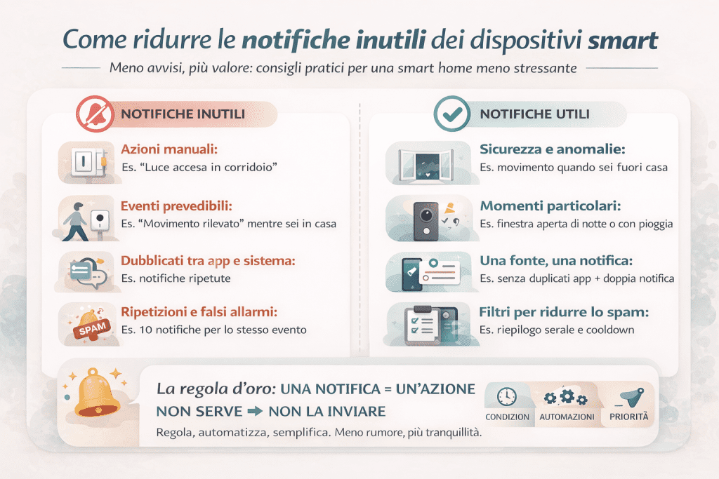 Infografica in italiano con titolo “Come ridurre le notifiche inutili dei dispositivi smart”, layout chiaro e premium. A sinistra una colonna “Notifiche inutili” con esempi di azioni manuali, eventi prevedibili, duplicati e ripetizioni. A destra una colonna “Notifiche utili” con sicurezza e anomalie, momenti particolari, una sola fonte di notifica e filtri anti-spam. In basso la regola d’oro: “Una notifica = un’azione. Se non serve, non inviarla”, con icone di condizioni, automazioni e priorità.