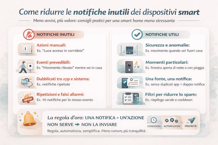 Infografica in italiano con titolo “Come ridurre le notifiche inutili dei dispositivi smart”, layout chiaro e premium. A sinistra una colonna “Notifiche inutili” con esempi di azioni manuali, eventi prevedibili, duplicati e ripetizioni. A destra una colonna “Notifiche utili” con sicurezza e anomalie, momenti particolari, una sola fonte di notifica e filtri anti-spam. In basso la regola d’oro: “Una notifica = un’azione. Se non serve, non inviarla”, con icone di condizioni, automazioni e priorità.