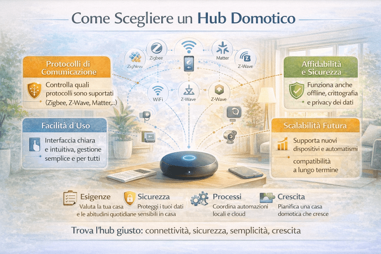 Infografica premium in italiano su come scegliere un hub domotico: al centro l’hub come cuore della smart home, collegato a dispositivi domestici come luci, sensori, tapparelle e termostati; sezioni laterali spiegano compatibilità dei protocolli, facilità di configurazione, sicurezza dei dati, affidabilità della rete e possibilità di espansione futura, con colori chiari e stile moderno.