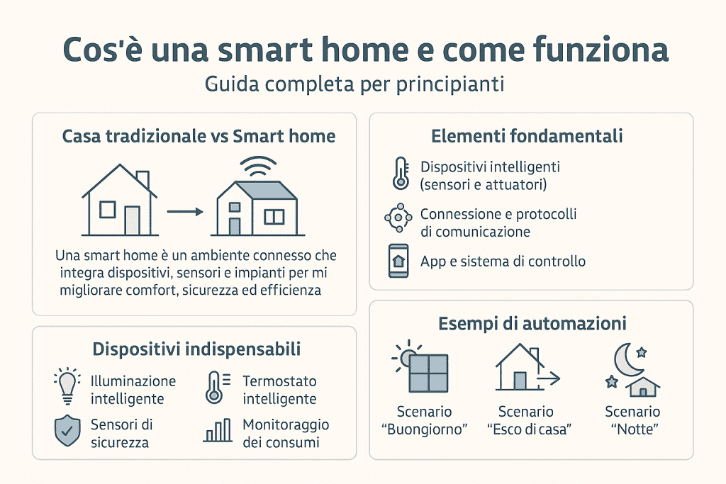 Infografica in stile premium dai colori chiari che spiega cos’è una smart home e come funziona. Include quattro sezioni: differenza tra casa tradizionale e smart home, elementi fondamentali della casa intelligente, dispositivi indispensabili e esempi di automazioni come “Buongiorno”, “Esco di casa” e “Notte”.