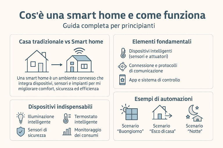 Infografica in stile premium dai colori chiari che spiega cos’è una smart home e come funziona. Include quattro sezioni: differenza tra casa tradizionale e smart home, elementi fondamentali della casa intelligente, dispositivi indispensabili e esempi di automazioni come “Buongiorno”, “Esco di casa” e “Notte”.