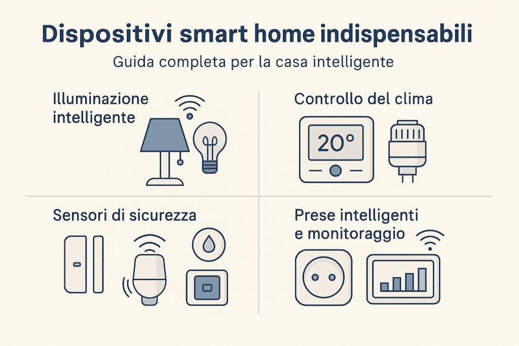 Infografica premium 1536×1024 dai colori chiari che illustra i dispositivi smart home indispensabili: illuminazione intelligente, controllo del clima con termostato, sensori di sicurezza e prese intelligenti con monitoraggio dei consumi. Stile moderno, minimal e professionale.