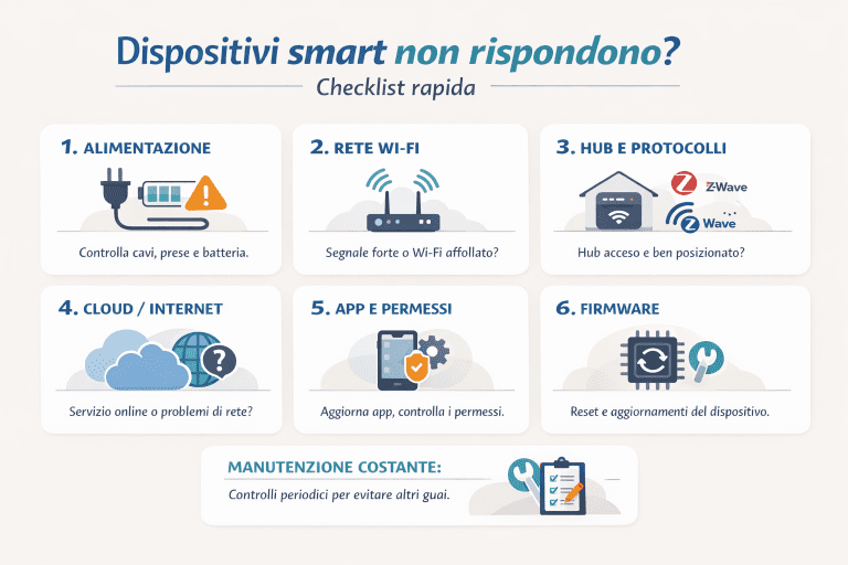 Infografica chiara in italiano con titolo “Dispositivi smart non rispondono? Checklist rapida”, sei riquadri numerati (Alimentazione, Rete Wi-Fi, Hub e protocolli, Cloud/Internet, App e permessi, Firmware) e una sezione finale “Manutenzione costante” con icone illustrative.
