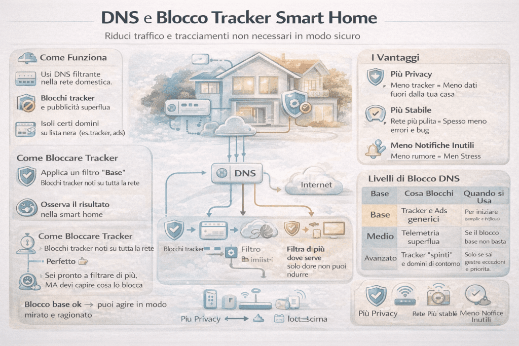 Infografica su DNS e blocco tracker nella smart home che mostra come filtrare il traffico tramite DNS, i livelli di blocco (base, medio, avanzato), i vantaggi in termini di privacy e stabilità e il flusso dei dispositivi smart verso internet con filtri attivi.