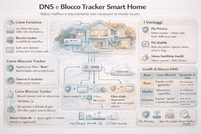 Infografica su DNS e blocco tracker nella smart home che mostra come filtrare il traffico tramite DNS, i livelli di blocco (base, medio, avanzato), i vantaggi in termini di privacy e stabilità e il flusso dei dispositivi smart verso internet con filtri attivi.