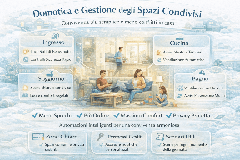 Domotica e gestione degli spazi condivisi: infografica premium con illustrazione di una famiglia in soggiorno e cucina, con riquadri informativi per Ingresso, Cucina, Soggiorno e Bagno che mostrano esempi di automazioni (luci di benvenuto, controlli rapidi, avvisi tempestivi, ventilazione automatica e su umidità). In basso, una sintesi dei benefici (meno sprechi, più ordine, massimo comfort, privacy protetta) e tre blocchi “Zone chiare”, “Permessi gestiti” e “Scenari utili” per una convivenza domestica più semplice e con meno conflitti.