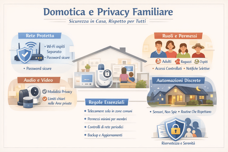Infografica in stile premium che illustra la domotica e la gestione della privacy familiare: icone di casa intelligente, controllo dei dati, accessi separati per i membri della famiglia, sicurezza delle informazioni e protezione della vita privata in un ambiente domestico connesso.