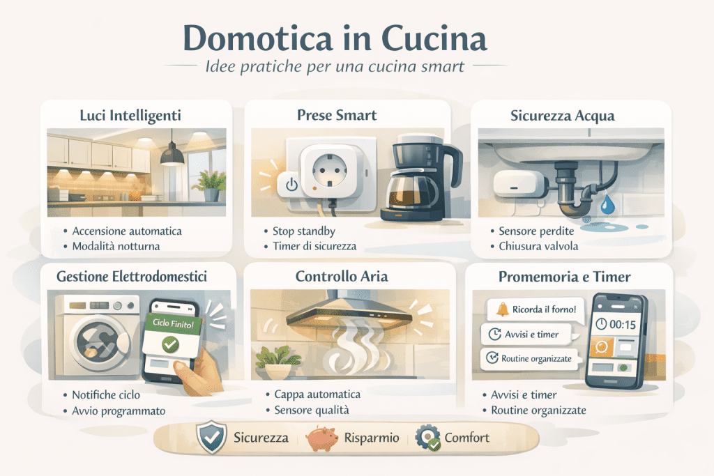 Infografica in stile premium sulla domotica in cucina, con icone e illustrazioni chiare che mostrano elettrodomestici smart, illuminazione intelligente, prese connesse, sensori di sicurezza e controllo dei consumi energetici, spiegando come la cucina domotica migliora comfort, efficienza e risparmio energetico in una casa moderna.