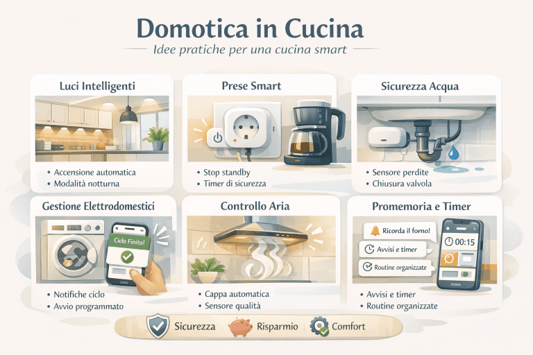 Infografica in stile premium sulla domotica in cucina, con icone e illustrazioni chiare che mostrano elettrodomestici smart, illuminazione intelligente, prese connesse, sensori di sicurezza e controllo dei consumi energetici, spiegando come la cucina domotica migliora comfort, efficienza e risparmio energetico in una casa moderna.