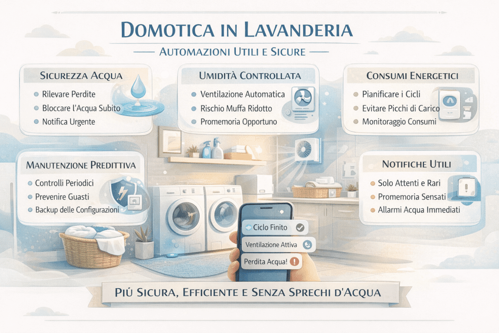 Infografica premium sulla domotica in lavanderia con automazioni per la sicurezza dell’acqua, rilevamento e blocco delle perdite, controllo dell’umidità e ventilazione automatica, gestione dei consumi energetici, manutenzione predittiva e notifiche intelligenti per una lavanderia più sicura, efficiente e senza sprechi.