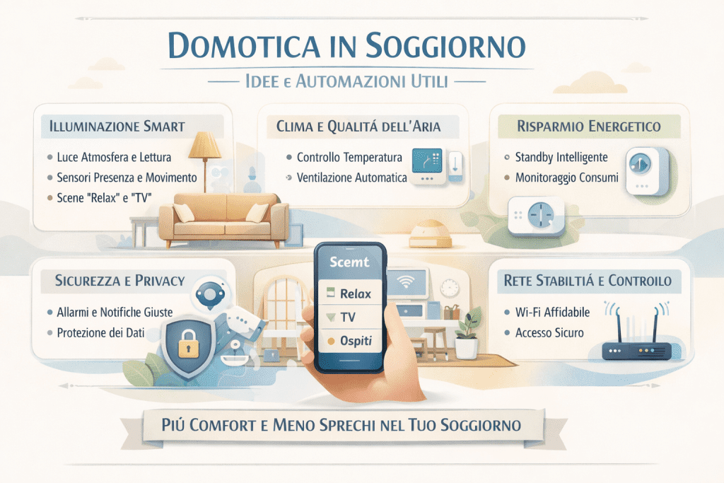 Infografica premium sulla domotica in soggiorno con illuminazione smart, scene relax e TV, gestione del clima e qualità dell’aria, risparmio energetico tramite standby intelligente, sicurezza e privacy, rete Wi-Fi stabile e controllo centralizzato per un soggiorno più confortevole e senza sprechi.