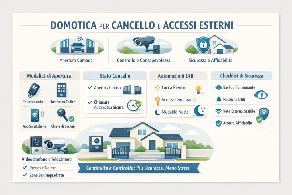 Infografica sulla domotica per cancello e accessi esterni che mostra modalità di apertura smart, controllo dello stato del cancello, automazioni utili, sicurezza, privacy e gestione degli accessi di una casa intelligente.
