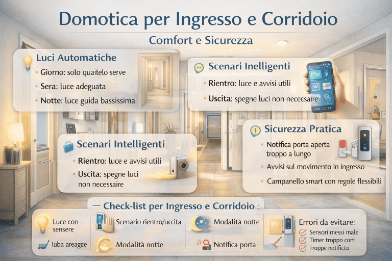 “Infografica sulla domotica per ingresso e corridoio con illuminazione intelligente, sensori di movimento, controllo accessi, sicurezza e automazioni per una casa smart ordinata ed efficiente.”