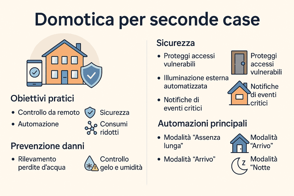 Infografica sulla domotica per seconde case che mostra il controllo da remoto di sicurezza, illuminazione, climatizzazione e monitoraggio consumi in una casa non abitata, con focus su comfort, sicurezza e gestione intelligente a distanza.