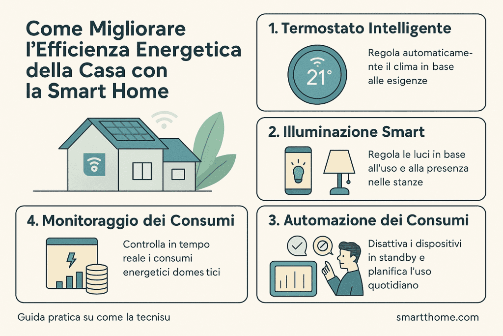 Infografica 1536×1024 in stile premium dal design pulito e colori chiari, intitolata “Come Migliorare l’Efficienza Energetica della Casa con la Smart Home”. Rappresenta quattro elementi chiave: termostato intelligente per regolare automaticamente il clima, illuminazione smart basata su uso e presenza, automazione dei consumi per ridurre gli sprechi e monitoraggio dei consumi in tempo reale. Include icone moderne e una casa connessa stilizzata.