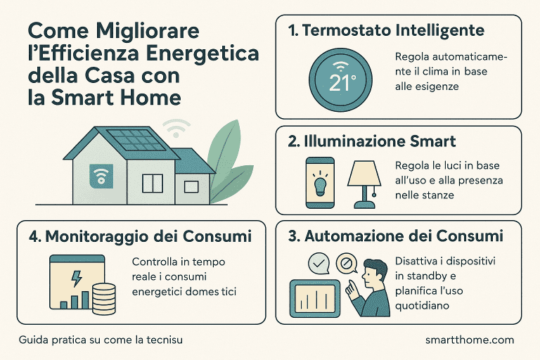 Infografica 1536×1024 in stile premium dal design pulito e colori chiari, intitolata “Come Migliorare l’Efficienza Energetica della Casa con la Smart Home”. Rappresenta quattro elementi chiave: termostato intelligente per regolare automaticamente il clima, illuminazione smart basata su uso e presenza, automazione dei consumi per ridurre gli sprechi e monitoraggio dei consumi in tempo reale. Include icone moderne e una casa connessa stilizzata.