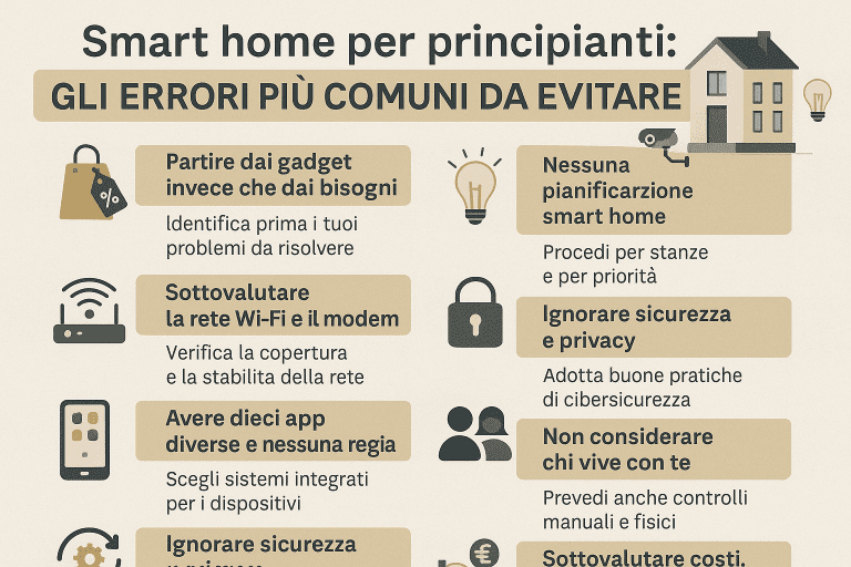 Infografica 1536×1024 in stile premium e colori chiari intitolata “Smart home per principianti: gli errori più comuni da evitare”. Mostra otto errori frequenti: partire dai gadget invece che dai bisogni, mancanza di pianificazione, sottovalutare la rete Wi-Fi, usare troppe app senza integrazione, ignorare sicurezza e privacy, non considerare chi vive in casa e sottovalutare costi e manutenzione. Icone moderne e layout pulito rendono i concetti chiari e immediati